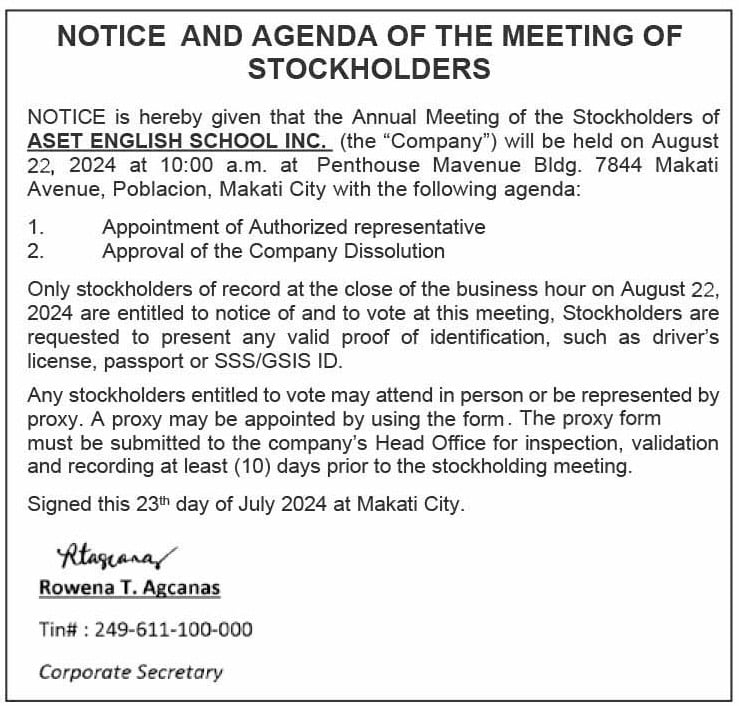 Notice and Agenda of the Meeting of Stockholders - ASET English School Inc